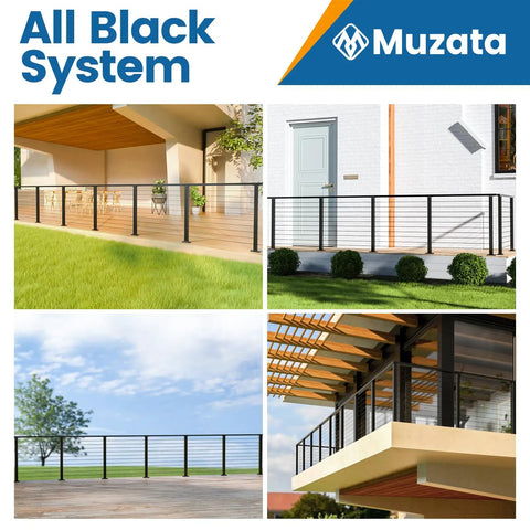 Top Shelf Black Cable Railing Kit For Decks Covers 26 To 32 Ft Span With 36 Inch Surface Mount Posts And 400 Ft T316 Stainless Wire Rope shown in outdoor settings.