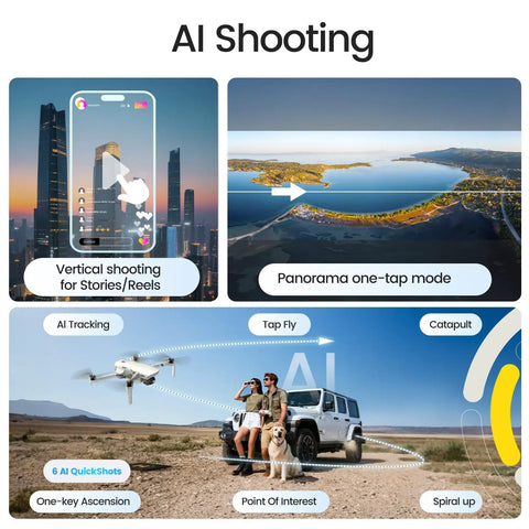 Collage showing AI features of 4K Drone With Camera, Dope 3 Axis Gimbal, GPS Auto Return, 10 Km Transmission, AI Quick Shots.