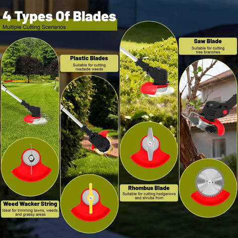 Cordless Weed Wacker 21V Battery Powered Lightweight 3in1 Trimmer Edger Brush Cutter With Wheels And 4 Blade Types For Yard And Garden