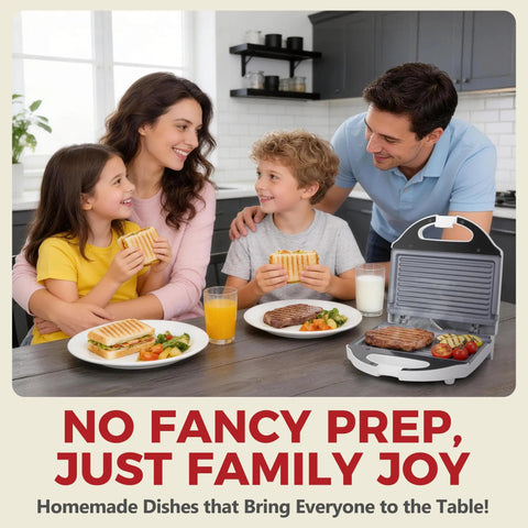 Family enjoying sandwiches and burgers prepared with AshGlen White Ceramic Mini Panini Press Grill in a modern kitchen.