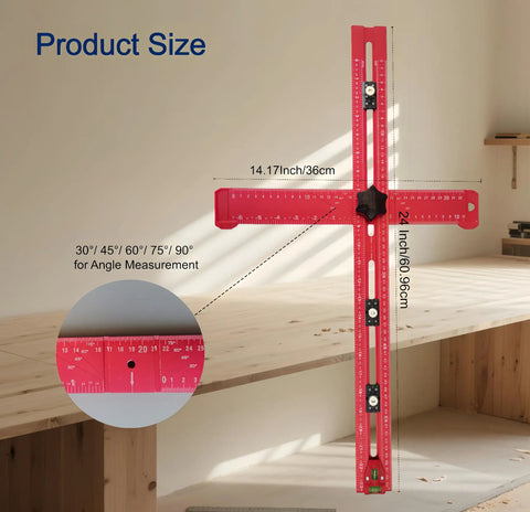 Product size highlighted for 5-In-1 T Square Ruler 24 Inch Portable Drill Alignment Tool showing dimensions and angles on wooden surface.
