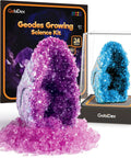 Geodes Growing Science Kit For Kids Ages 6 8 12 With Crystal Growth In 24 Hours STEM Educational Toys For Geology Lovers Geode Crystal Experiments Hands On Science Gift For Boys And Girls Totally Fun box and two geode crystals.