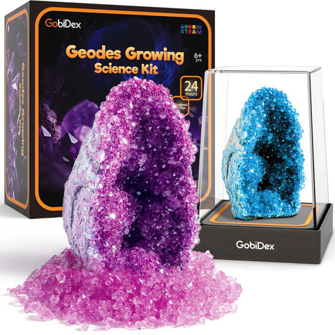 Geodes Growing Science Kit For Kids Ages 6 8 12 With Crystal Growth In 24 Hours STEM Educational Toys For Geology Lovers Geode Crystal Experiments Hands On Science Gift For Boys And Girls Totally Fun box and two geode crystals.