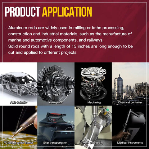 Infographic showing applications for One And A Half Inch Aluminum Round Rod, Thirteen Inch Long, 6061 T6511 Pro Grade Lathe Bar Stock.