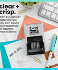 Straight Up Knockout Date Stamp For Shipping And Receiving Orders Track Expiration And Due Dates Smooth Gliding Mechanism Crisp Black Ink On Durable Gray Mount on a desk with documents.