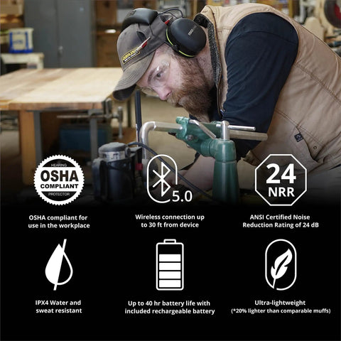 Man wearing Noise Isolating Bluetooth Earmuffs for Worksite, Boss Level Comfort, 24 dB NRR Noise Reduction, Safemax 85 dB