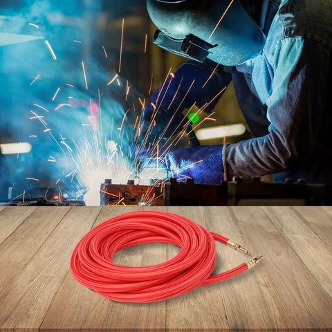 25 Foot SuperFlex TIG Torch Power Cable for CK9 CK17 Series Welders, red, coiled on wooden surface next to welding scene