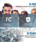 Customer support with headset, FCC certification, warranty badge, tech support and manufacturing experience graphics.