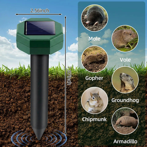 Diagram of Eight Pack Solar Powered Ultrasonic Pest Deterrents for Lawn Yard Garden showing dimensions and target pests.