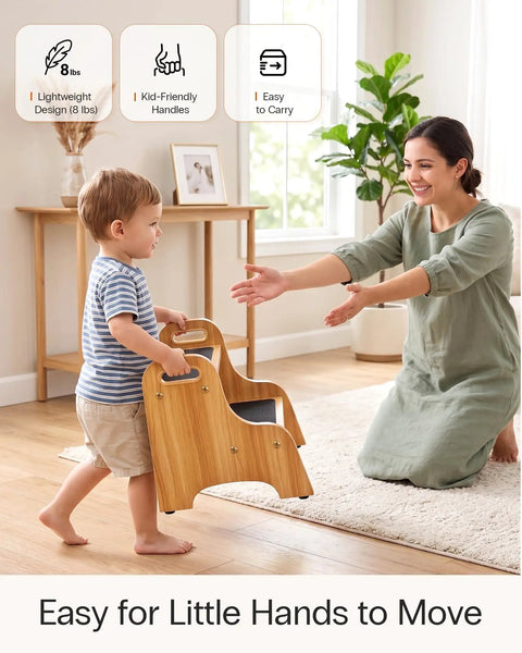 Premium Wooden Two Step Stool Duo Featuring Tough As Nails Build Quality And Wide Non Slip Steps That Handle Up To 350 Lbs Like A Champ For Kitchen And Bath, child carrying stool.