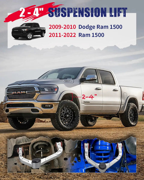 Beefed Up Aluminum Upper Control Arms For Ram 1500 2009 To 2022, Adjustable Front UCA, One Piece Forged T6 Aluminum, Greasable Ball Joints, Silver, Two Piece Set on lifted Ram 1500