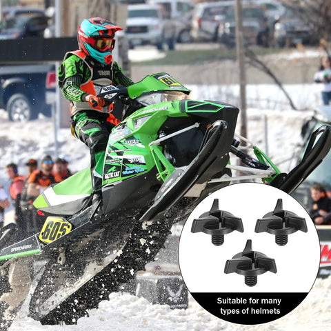Snowmobile rider jumping in snow with inset of Versatile Ride Ready Motorcycle Helmet Visor Screws Kit 8 Pcs Replacement Bolts.