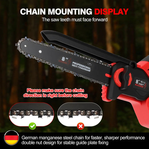 Chain mounting display of 8 inch brushless cordless chainsaw with tool free tensioning and automatic lubrication