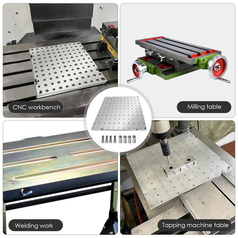Heavy Duty 6061 Aluminum Tooling Plate 10X10 Inch Anodized CNC Jig Fixture Plate on CNC workbench with tapped holes.