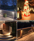 Outdoor scene with 12 Pack 3CCT LED Low Voltage Deck Lights illuminating a deck with black die-cast aluminum housings.
