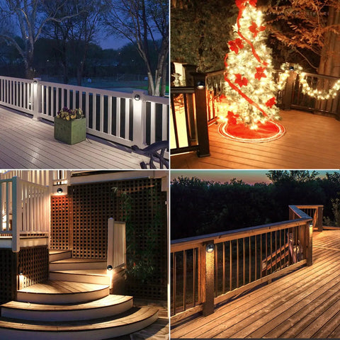 Outdoor scene with 12 Pack 3CCT LED Low Voltage Deck Lights illuminating a deck with black die-cast aluminum housings.
