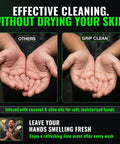 Comparison of hands using heavy duty hand cleaner with pumice and clay, showing moisturized vs. dry results, 32 oz