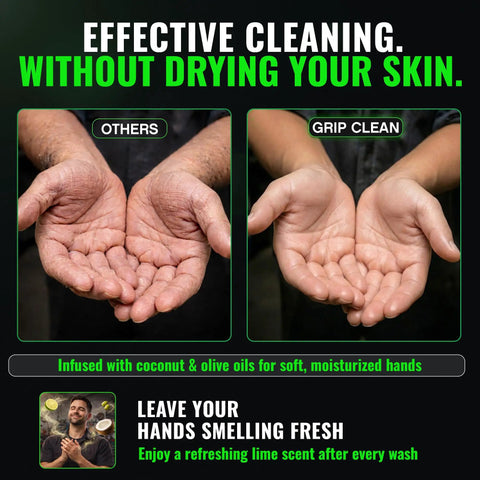 Comparison of hands using heavy duty hand cleaner with pumice and clay, showing moisturized vs. dry results, 32 oz
