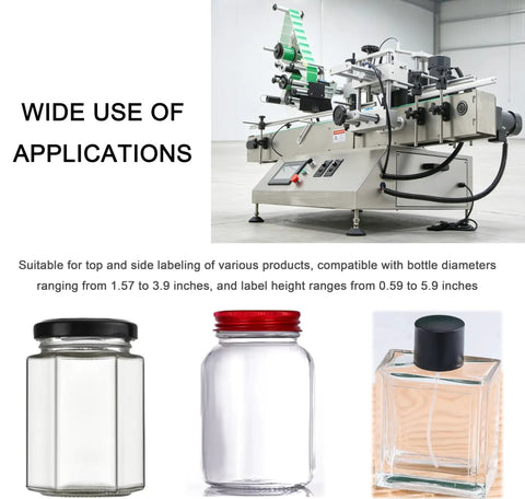 Heavy Duty Automatic Desktop Labeling Machine With Slick Touchscreen Interface For Straight Up Flat Or Spot On Fixed Point Sticker Mounting On Glass Bottles And Tin Cans 110V with various jars displayed.