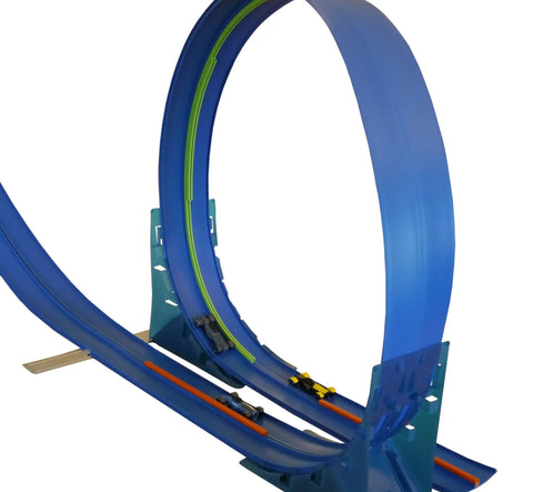 Two Lane 18-Foot Race Track Stunt Set loop detail with ramps and anchor bars for high speed action-packed car racing fun