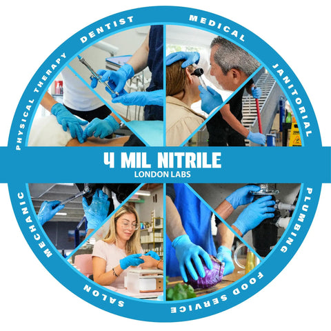 Blue Nitrile Exam Gloves 4 Mil Heavy Duty 1000 Count Bulk Box Powder Free Latex Free Chemical Resistant used in medical and cleaning tasks.