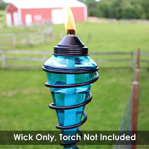 Replacement Fiberglass Wicks For Outdoor Tiki Torches And Lamps Eight Pack Fits Any Outdoor Torch Trim To Fit Wicks Half Inch Diameter By Eight Inch Height Long Lasting Flame Keeps Outdoor Nights Lit shown in use in a blue torch