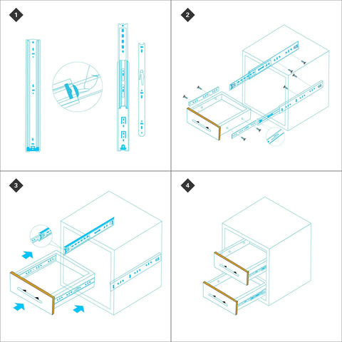 Diagram showing installation of Rugged 40 Inch Drawer Slides Full Extension Ball Bearing Stainless Steel Side Mount Rails 260 Lb Per Pair