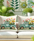 Truck Floral Pillow Covers Set Of 2 In Aqua Blue Velvet For Couch Or Bed, Vintage Pickup Flower Cushions, Farmhouse Decor 18x18 Inches