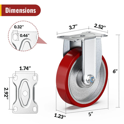 Heavy Duty Five Inch Industrial Grade Caster Wheels With Total Locking Brakes Smooth Rolling Set Of Four dimensions showing size and details.