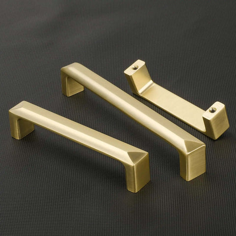 Pro Grade Brushed Gold Cabinet Handles Heavy Duty Zinc Alloy Drawer Pulls 3 3/4 Inch Center To Center 10 Pack individual handles on a dark background.