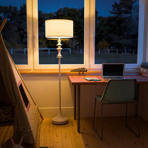 Claiborne Floor Lamp With Gloss White Finish, Nordic inspired, illuminating a cozy study nook, 60 inch tall, 16 inch wide