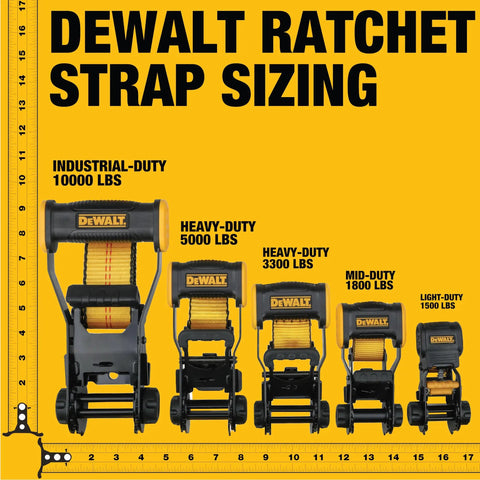 Dewalt ratchet strap sizing display showing heavy-duty 5000 lbs and other rated straps on a yellow background.