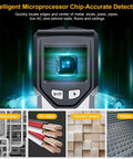 5 In 1 Stud Finder Wall Scanner With Smart Chip And HD LCD Display showing detection features for metal pipes, AC wires, wooden beams