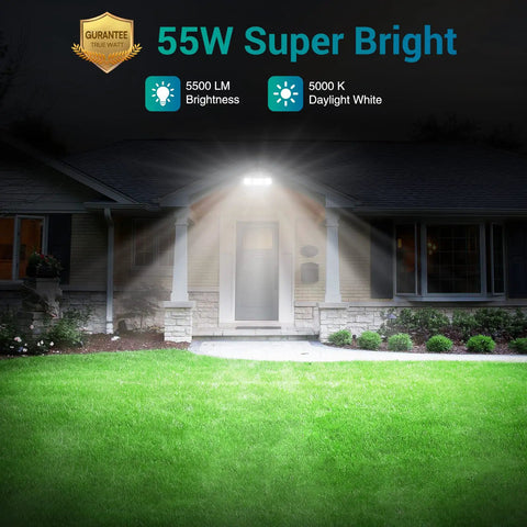 Super Bright Outdoor LED Flood Light 55W 5500LM 5000K illuminating a house exterior at night, highlighting its waterproof feature.