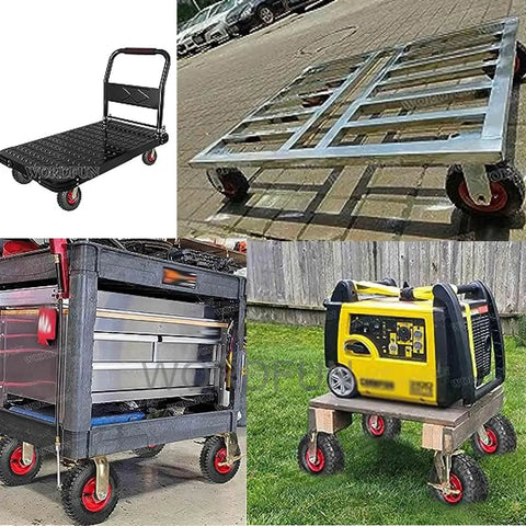 Heavy Duty Rubber Caster With 450 Pounds Load Capacity For Industrial Jobs Featuring Hella Smooth Shock Absorbing Inflatable Wheels on a cart