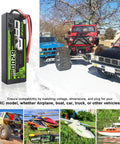 6200mAh 7.4V 2S LiPo Battery With 50C Discharge And Dean Style T Connector next to RC trucks and boats for extended power