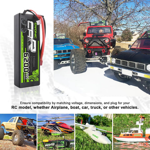 6200mAh 7.4V 2S LiPo Battery With 50C Discharge And Dean Style T Connector next to RC trucks and boats for extended power