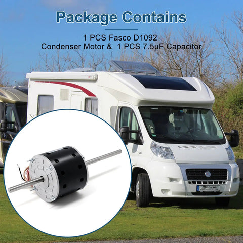 D1092 RV Air Condenser Blower Motor With Capacitor Replacement for Fasco D1092 with RV in background