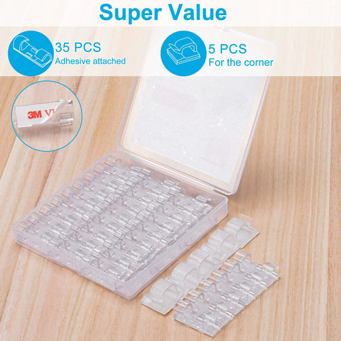 Clear Adhesive Cable Clips Set of 40 Medium Size No Drill Needed, shown in open package with strong adhesive backing.