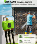Person using 3 Zone WiFi Sprinkler Timer With Smart Gateway Brass Inlet And Outlet Voice Control With Alexa And Google Smart Watering System By Time Weather Quantity Soil Moisture Rain Delay And Manual Watering attached to wall with hose