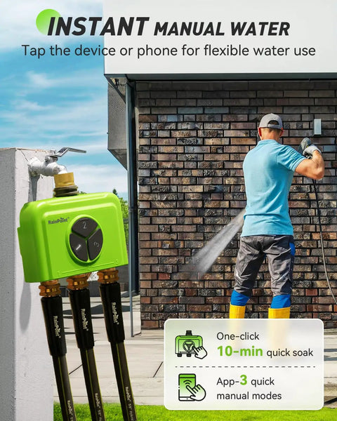 Person using 3 Zone WiFi Sprinkler Timer With Smart Gateway Brass Inlet And Outlet Voice Control With Alexa And Google Smart Watering System By Time Weather Quantity Soil Moisture Rain Delay And Manual Watering attached to wall with hose