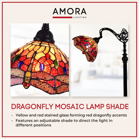 Arched Tiffany Style Floor Lamp With Stained Glass Dragonfly Shade 62 Inch Tall Adjustable Arch Vintage Vibes Red Yellow Green Glass Lamp