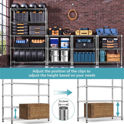 Heavy Duty Badass 5 Tier Chrome Wire Shelving Rack organized in a garage with various storage bins and adjustable clips.