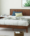 King Size Solid Wood Platform Bed Frame With Antique Espresso Finish And Integrated Headboard in cozy bedroom setup.