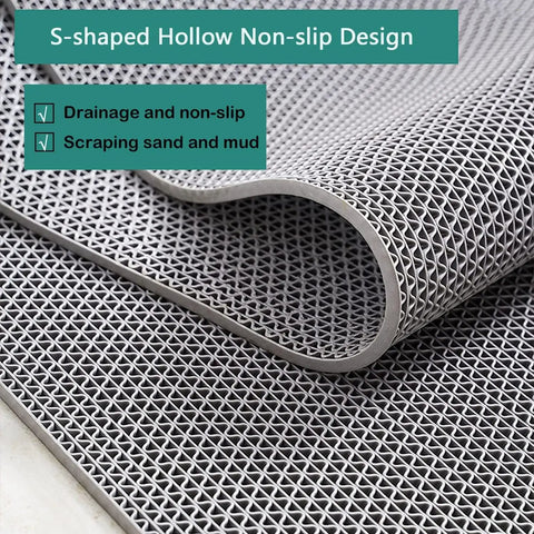 Commercial Drainage Mat 3x10 Ft 0.22 Inch Thick Grippy Non Slip PVC Floor Rug showing S-shaped design and drainage holes.