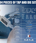 84 Piece Pro Grade Tap And Die Set With SAE And Metric Sizes chart and die handle.
