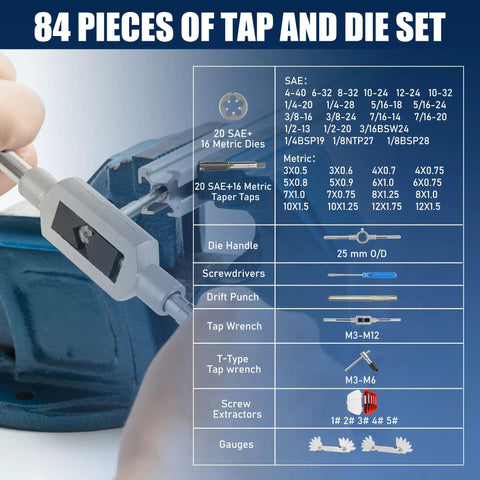 84 Piece Pro Grade Tap And Die Set With SAE And Metric Sizes chart and die handle.