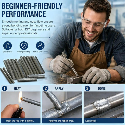 Instructional image showing Low Temp Welding Rods Kit 15Pcs Easy Melt Aluminum Stainless Steel Iron Copper Multi Metal for Quick DIY Home Repairs, Safe Low Heat Welds for Beginners and Pros in use by a man welding metal.