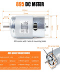 895 DC motor with specifications, including size, torque, and voltage details, showing dual mounting holes and screw locations.