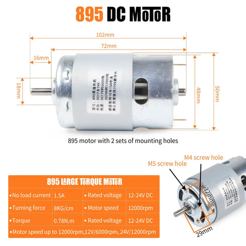 895 DC motor with specifications, including size, torque, and voltage details, showing dual mounting holes and screw locations.